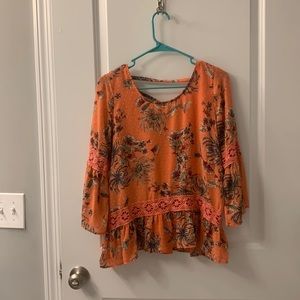 John Paul Richard coral floral top with some crochet accents